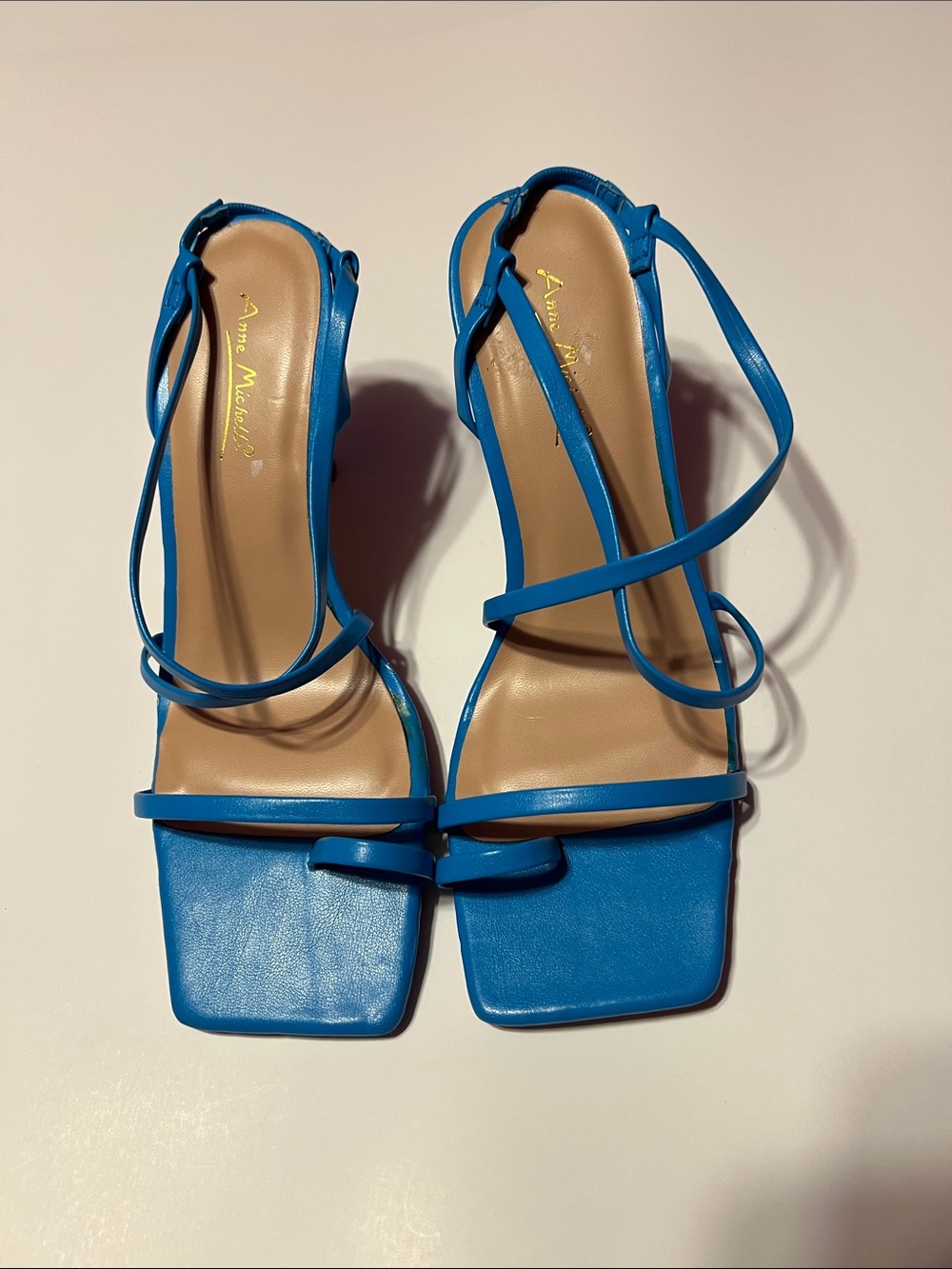 NWOT. Anne Michelle Bright Blue Strappy Square Toe Heels Size 8